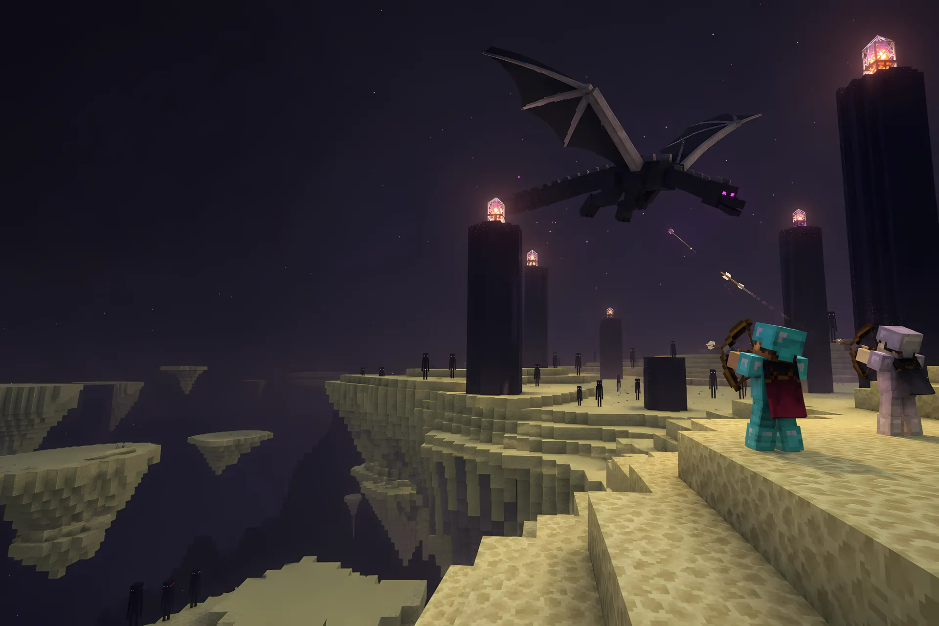 Two players fighting the Ender Dragon
