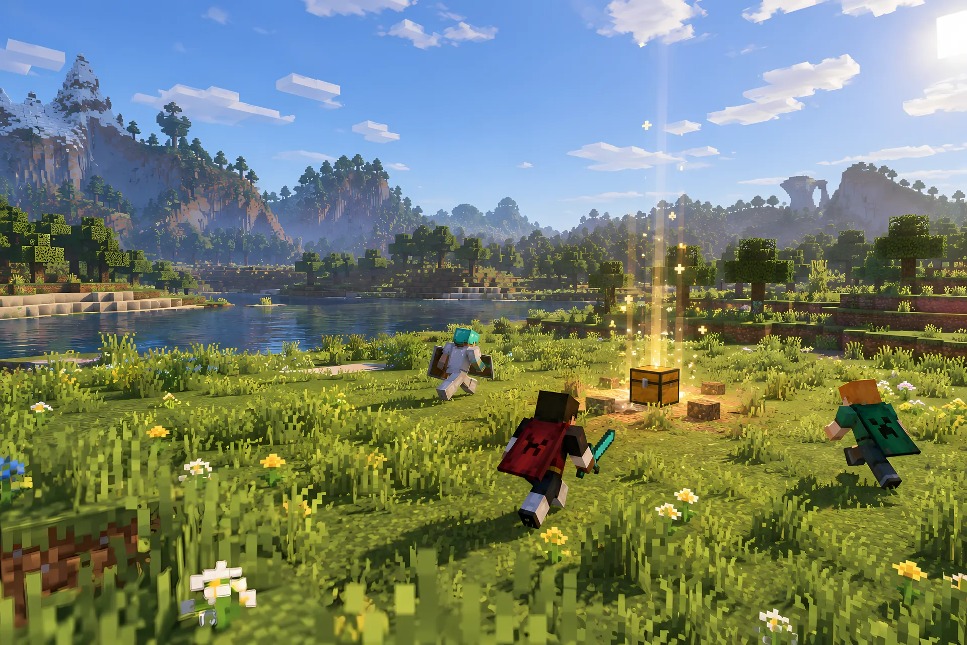 Players running to a supply drop fallen from the sky