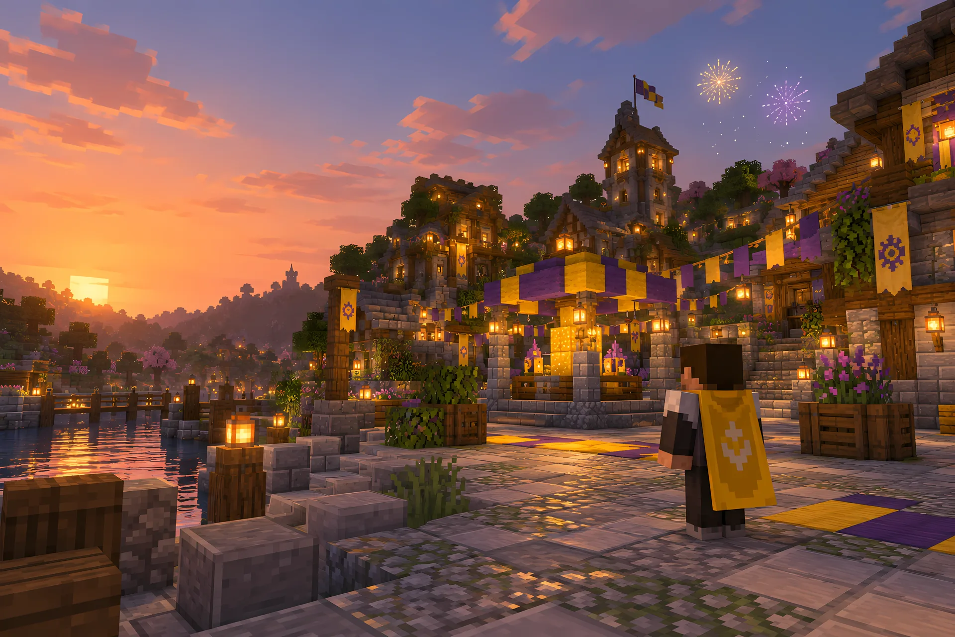 A player wearing the golden pass cape in the festive village square