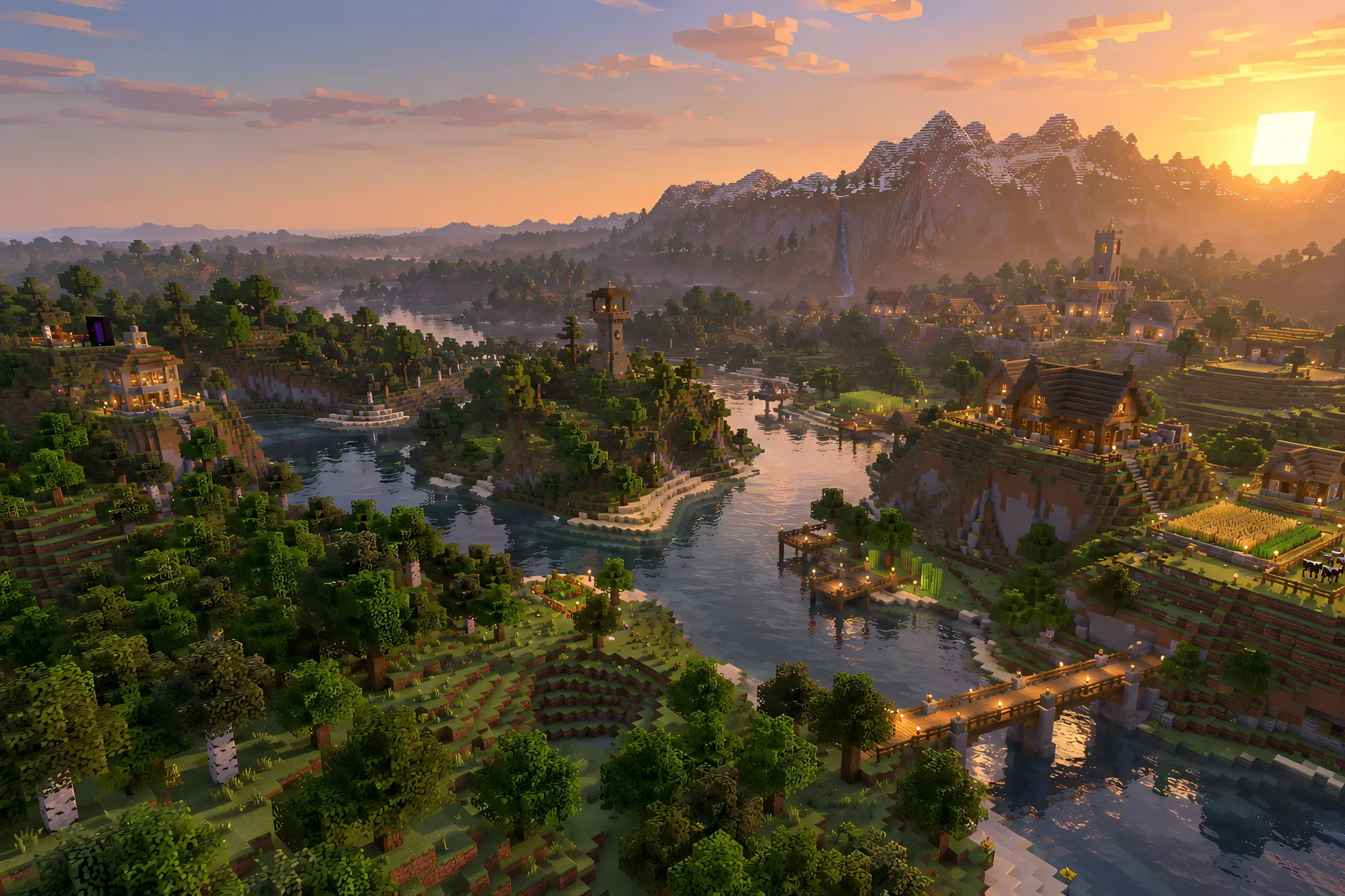 The world of Arkensia at sunset, between rivers and mountains