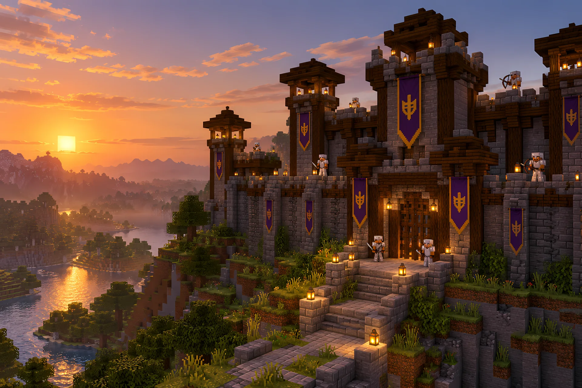 Four players at the entrance of their clan base