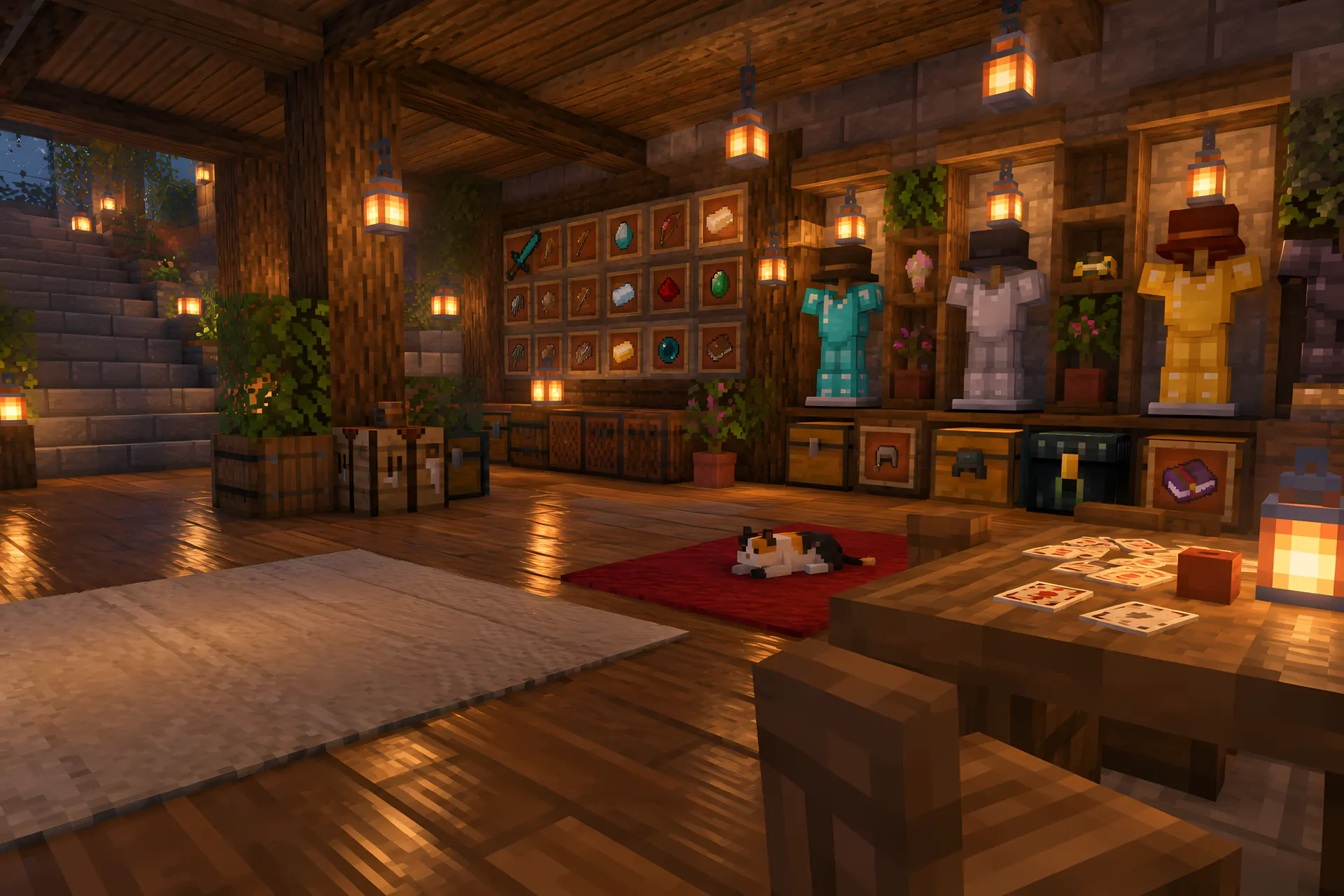 A room with armour, hats and item frames