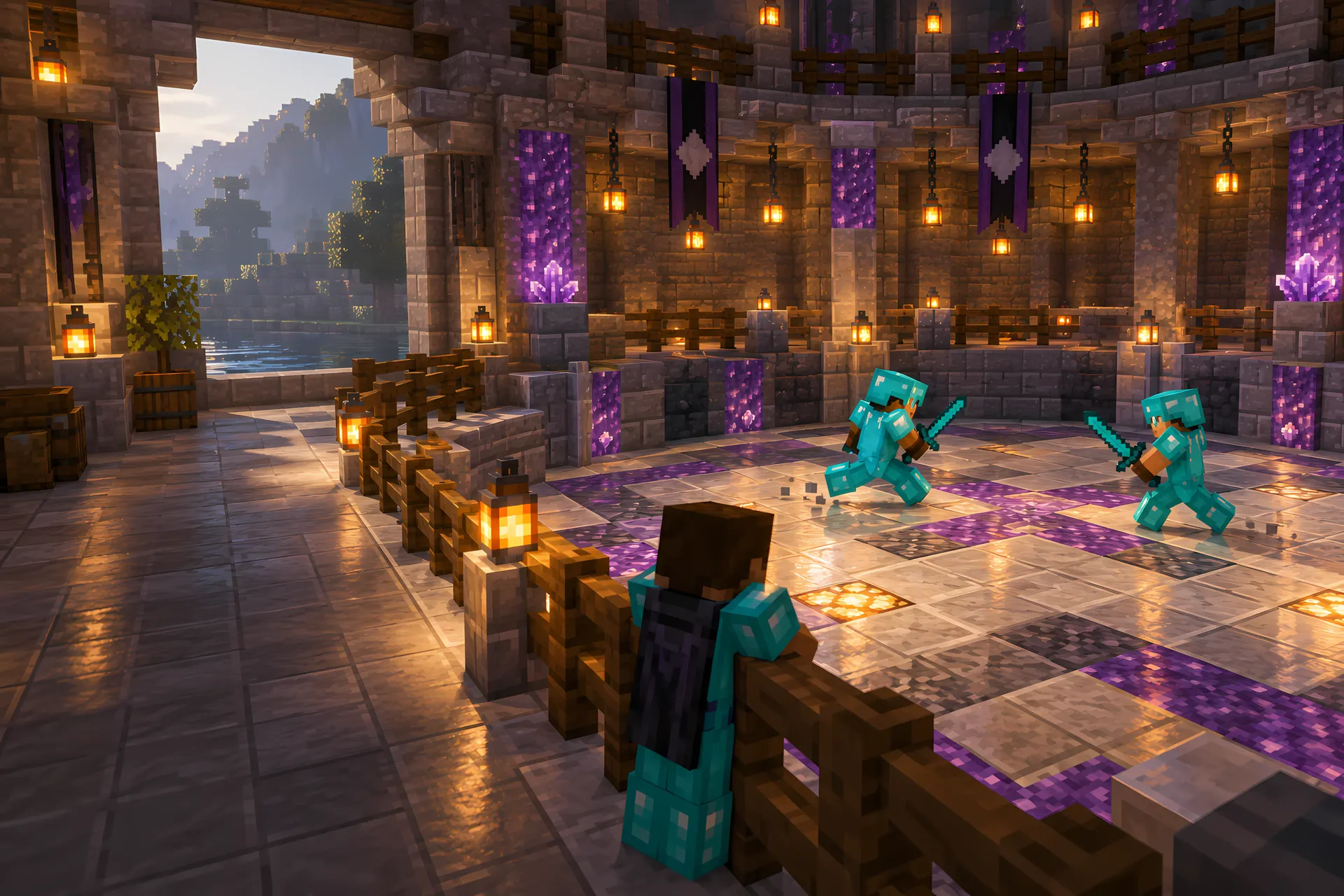 Two players in diamond armour fighting in the arena