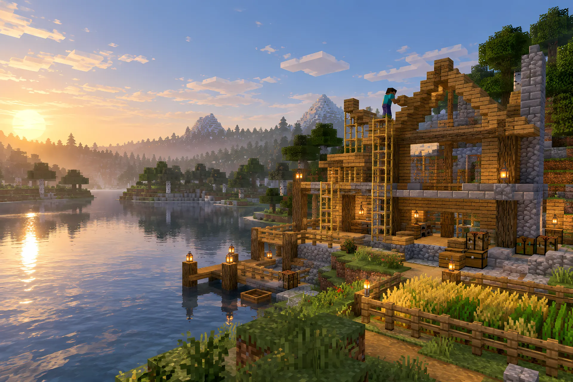 A survival house being built by a lake